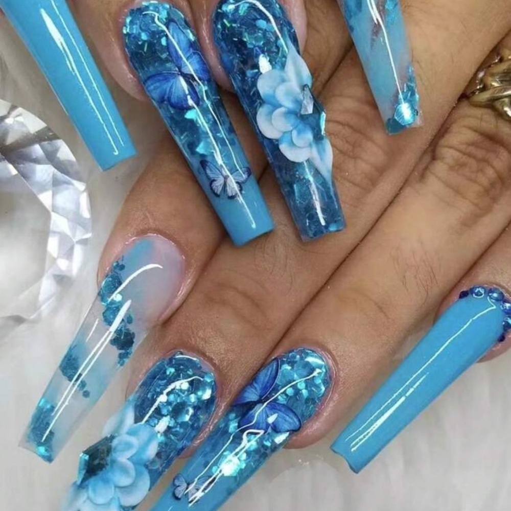24pcs Y2K Aesthetic Super Long Stiletto Shape Fashion Blue Ocean & Butterfly